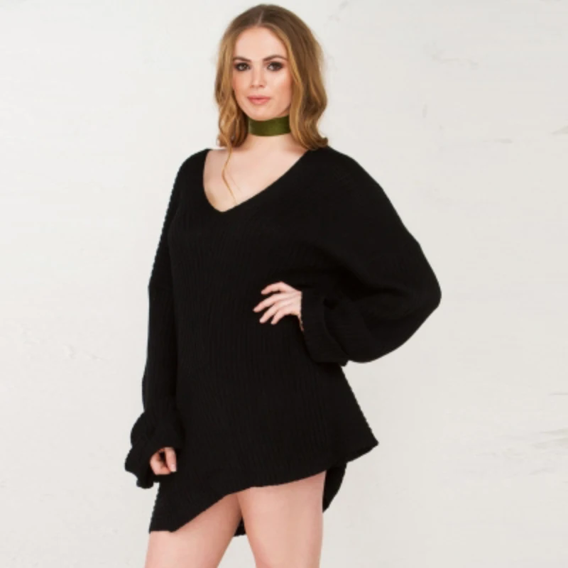Свитер женский свободный черный с глубоким вырезом 4XL 5XL 6XL 2017 осень | Женская