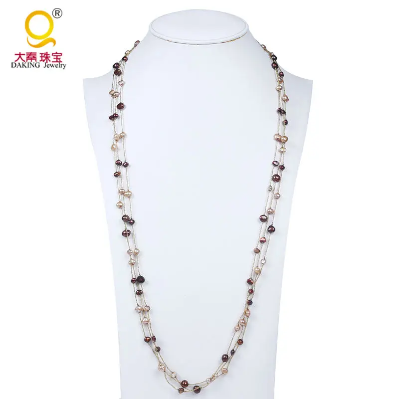 Ожерелье женское 3 слойное из жемчуга барокко и натурального пресноводного