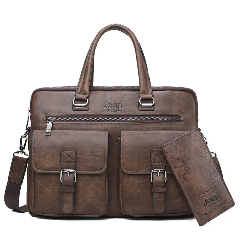8001-8888-Brown Мужской портфель для ноутбука 13,3 д. jeep buluo, комплект, оранжевый портфель и кошелек, деловая сумка на плечевом ремне, кожаная сумка для офиса, все сезоны - Цвет: 8001-8888-Brown