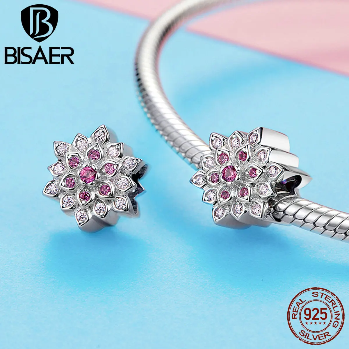 BISAER Настоящее 925 пробы серебро розовый красный цветок лотоса Бусины Подходят талисманы браслеты и браслеты ювелирные изделия из стерлингового серебра EFC038