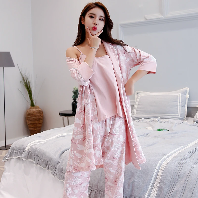 Autumn Cotton Pajamas Women 3pc Robe&Top&Pants Bathrobe Women Bedroom Print Homeclothes Pink Nightwear Sleepwear Robe Women