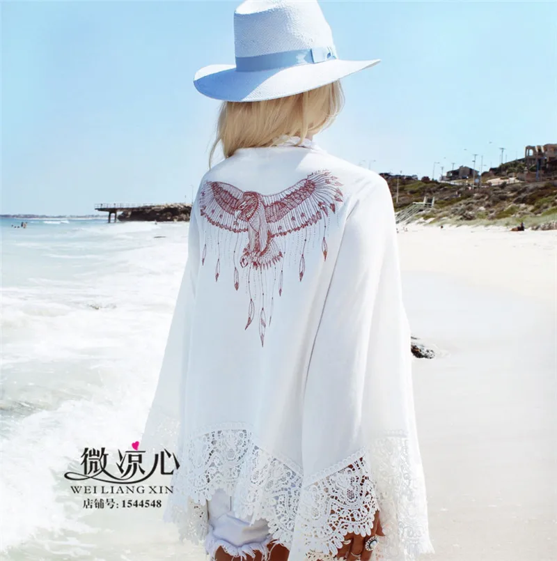 Модные пикантные Орел печати кардиган в богемном стиле кружева лоскутное рукав