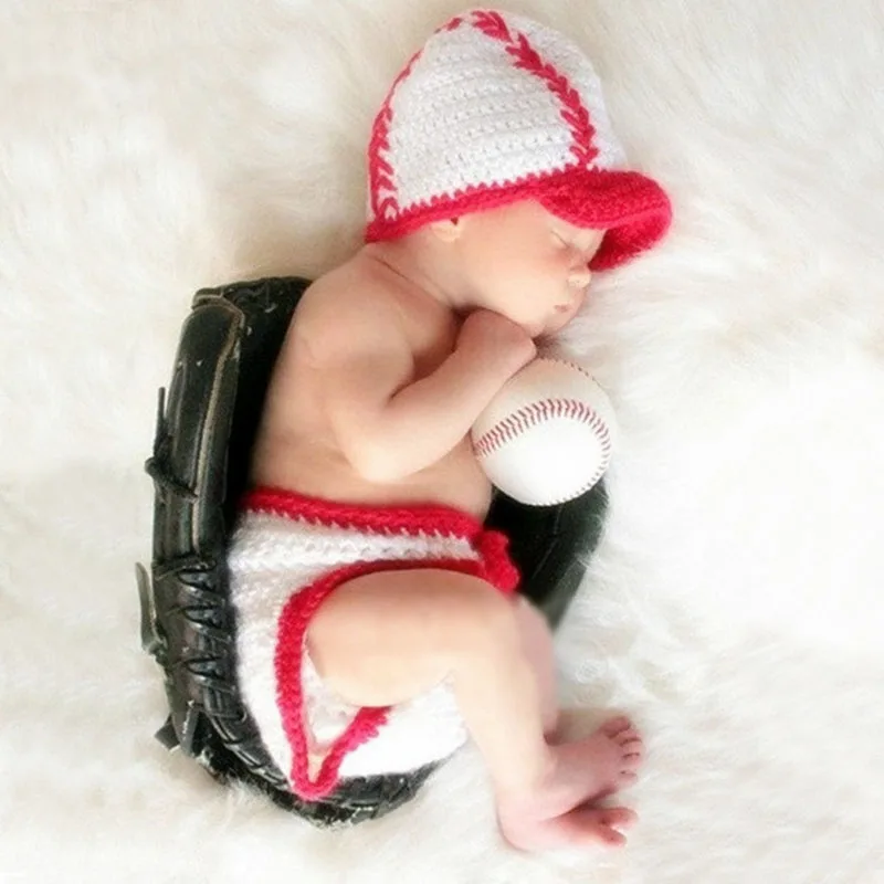 Newborn Photography Props Infant Knit Crochet Costume Baseball Soft Outfits Hat+Short Baby Girls Boys Photo Props