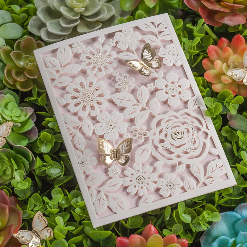 Лазерная Резка Белый Цвет Свадебные Приглашения Карты 3D бабочка цветок