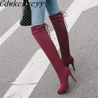 winter new pattern fashion cusp black sexy over knee thin leg elastic force boots fine heel add wool keep warm women boots 34 43