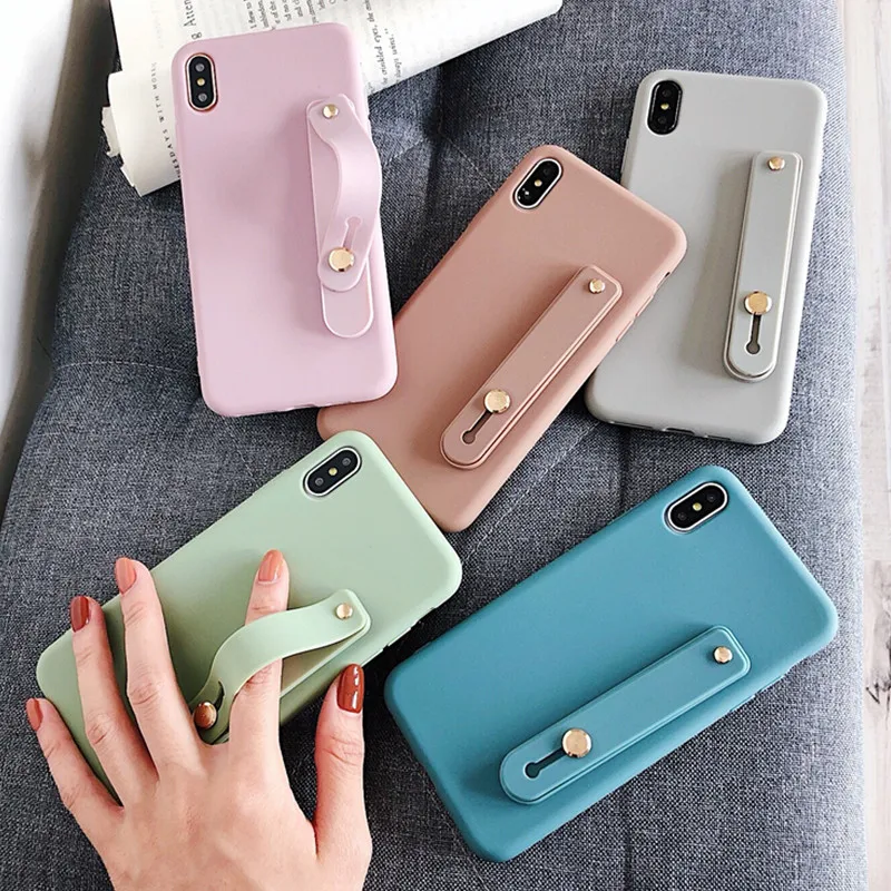 Fashion Candy Color Wrist Strap Hand Band Soft Silicone Couples Case For iphone X XS Max XR 6 6S 7 8 Plus Stand Phone Cover |