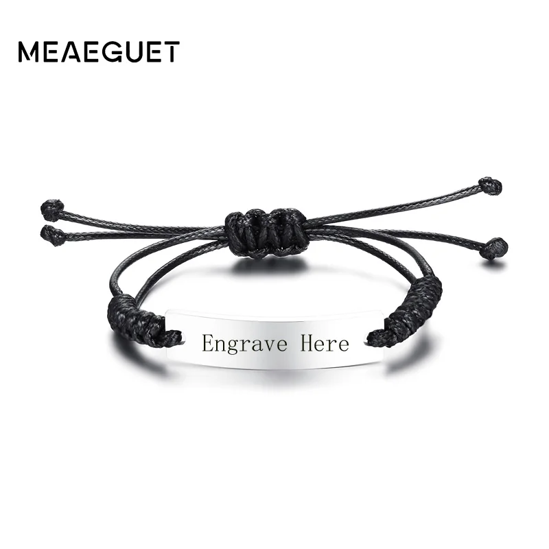Meaeguet Регулируемый Черный Плетеный именной браслет и браслет для мужчин и женщин именные ювелирные изделия персонализированные гравировка и лазерный браслет - Окраска металла: With laser