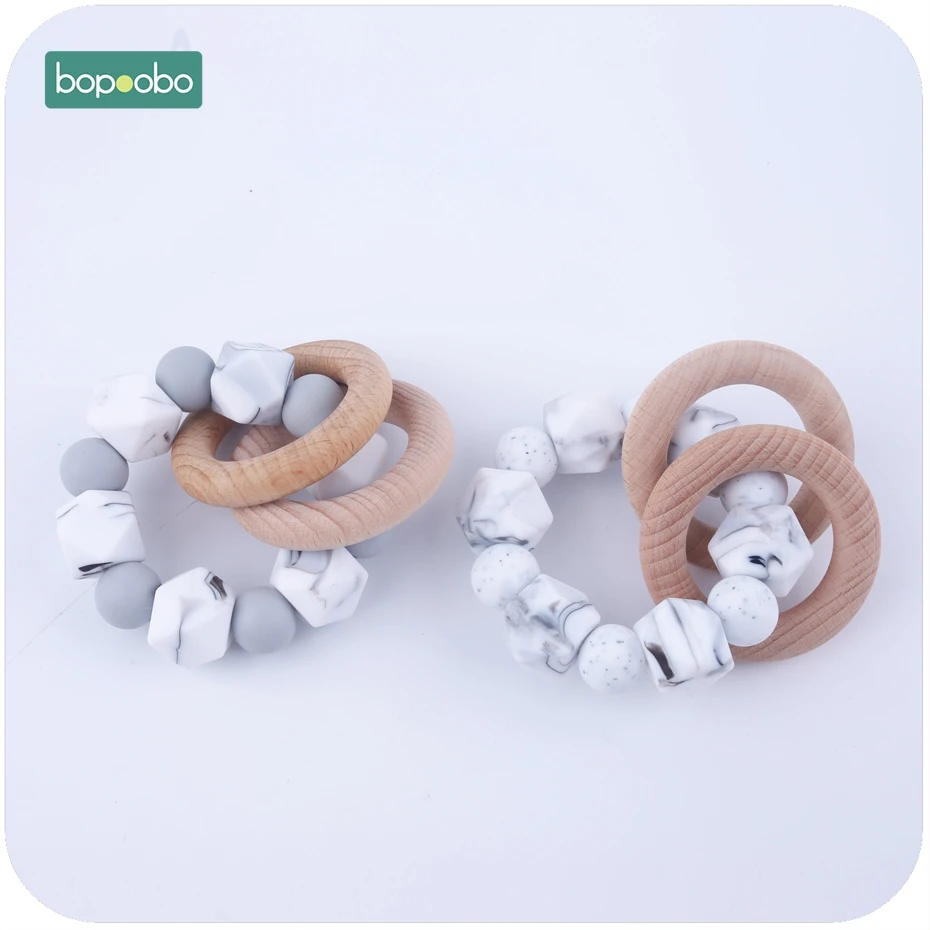 

Bopoobo 1PC Silicone Beads With Wooden Ring Rattle DIY Crafts Food Grade Teether Baby Nursing Accessories Classic Sensory Toy