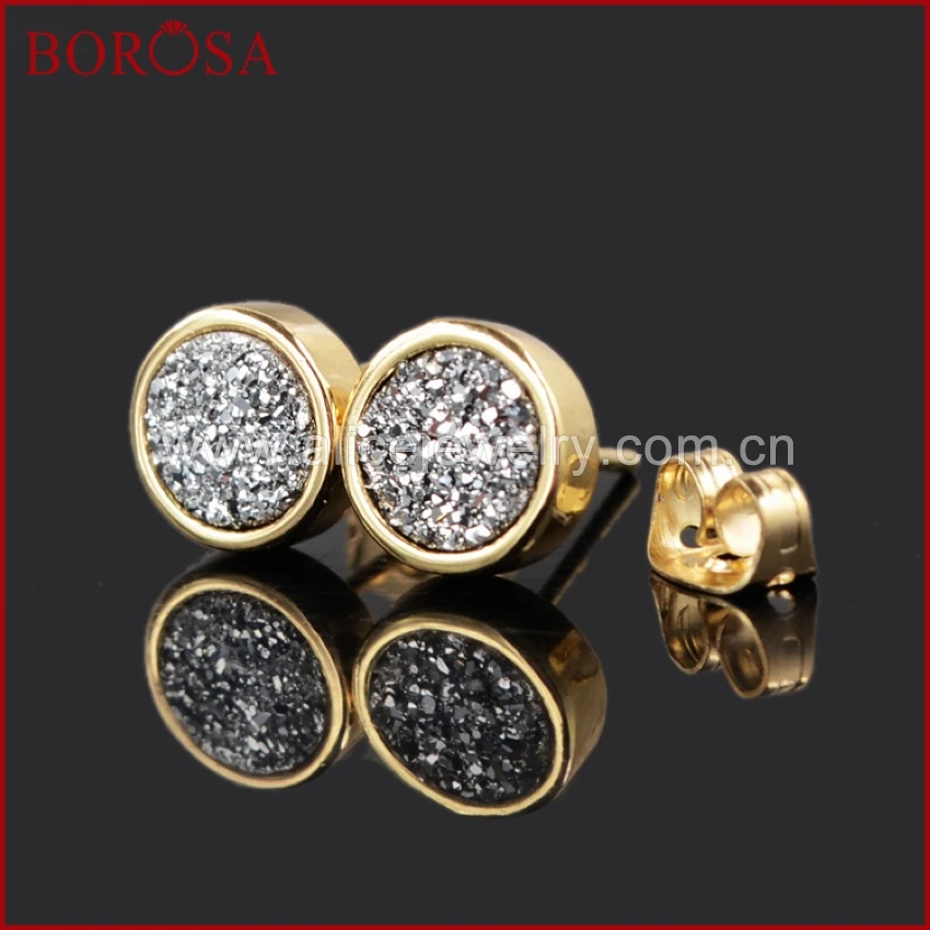 BOROSA 8 мм круглые серьги гвоздики из натурального титана Druzy золотая радужная Geode