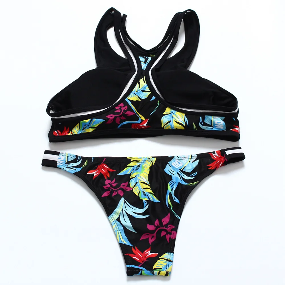 Купальник с высокой горловиной бандажный бикини цветочным принтом комплект со