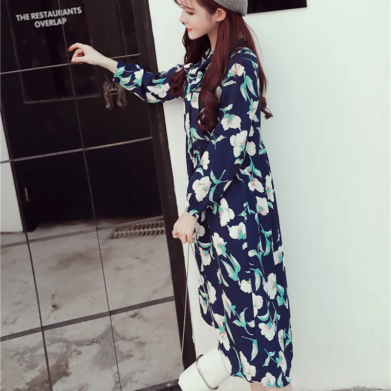 Женские платья YY572 с длинным рукавом и цветочным принтом отворотом бантом