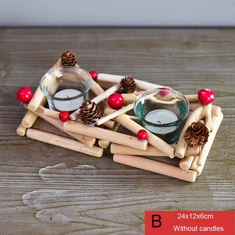 B Рождество натурального дерева подсвечники большой Стекло Подсвечники Tealight сосновая шишка украшения стола Nordic Стиль декор с утолщённой меховой опушкой - Цвет: B