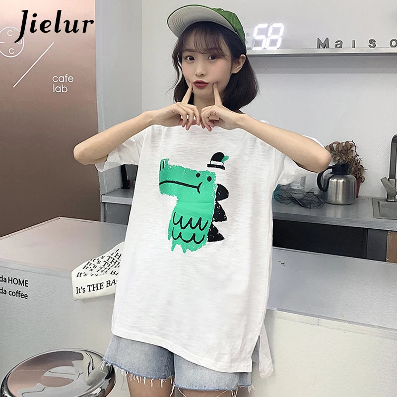 Jielur летняя футболка женская белая Харадзюку каваи мультфильм крокодиловый принт