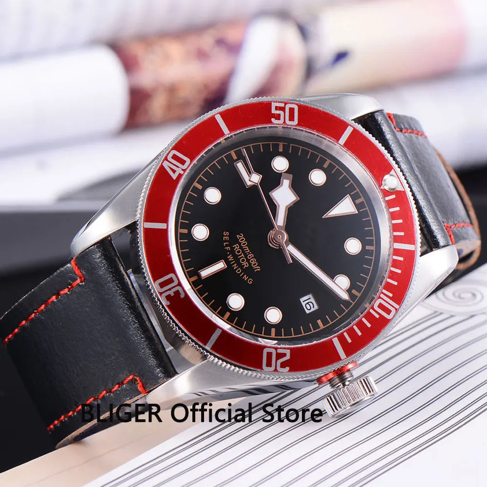 41mm BLIGER Automatic men's watch black sterile dial sapphire glass red bezel 20ATM 21 jewels MIYOTA movement BC16 | Наручные часы