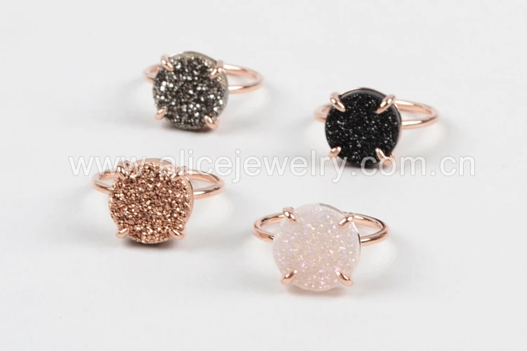 Кольцо с камнем BOROSA Druzy, 12 мм, Круглый, розовое золото, цвет, коготь, титан, AB, серебристый, черный, кристалл, камень, натуральный, Druzy, кольцо, драгоценные камни ZG0131
