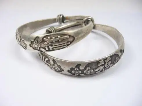 

Selling Jewelry>>>Rare 2 Tibet silver carved fu flowers bracelet bangle