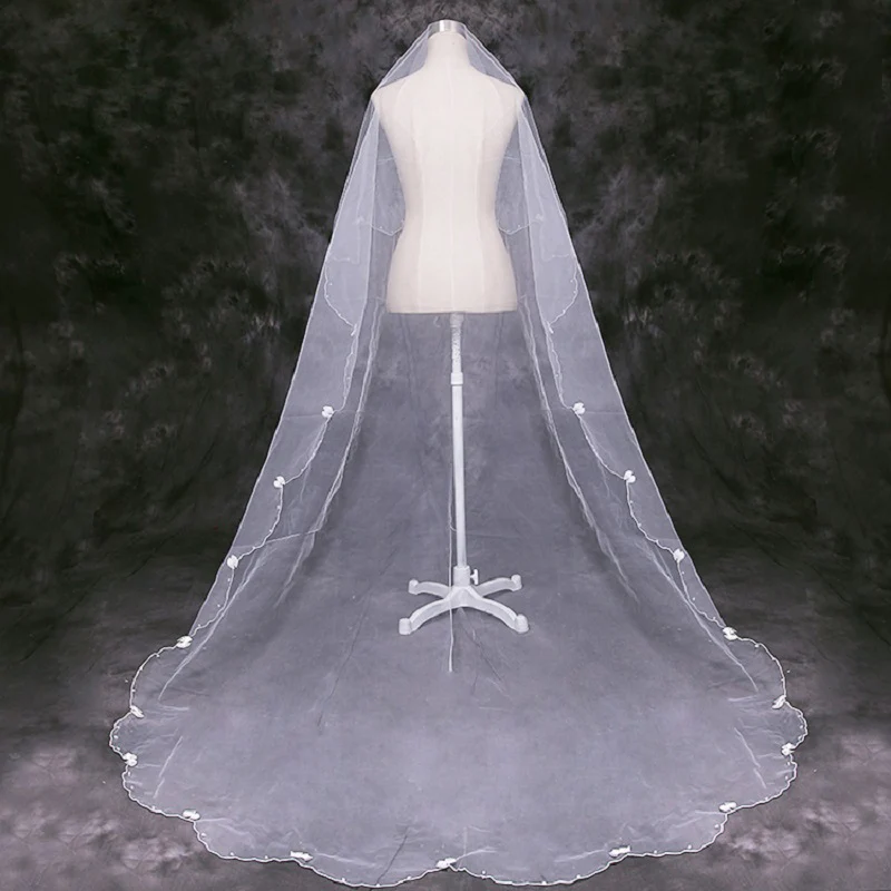 

Cathedral Long Veil With Scalloped Edge Pearls Bow Tulle White Ivory Bridal Veils For Weddings Vintage Beaded Veil 2019 Cheap