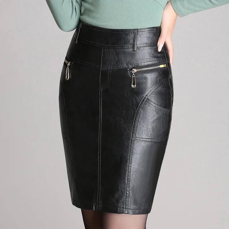 

New Spring Autumn Womens High Waist Pu Leather Pencil Skirts Female Ol Skirt Black Zipper Casual Leather Skirt Saia S/5Xl J2572