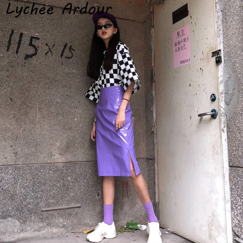 Lychee Ardour PU юбка с Боковым Разрезом фиолетовый сплошной цвет женские длинные юбки