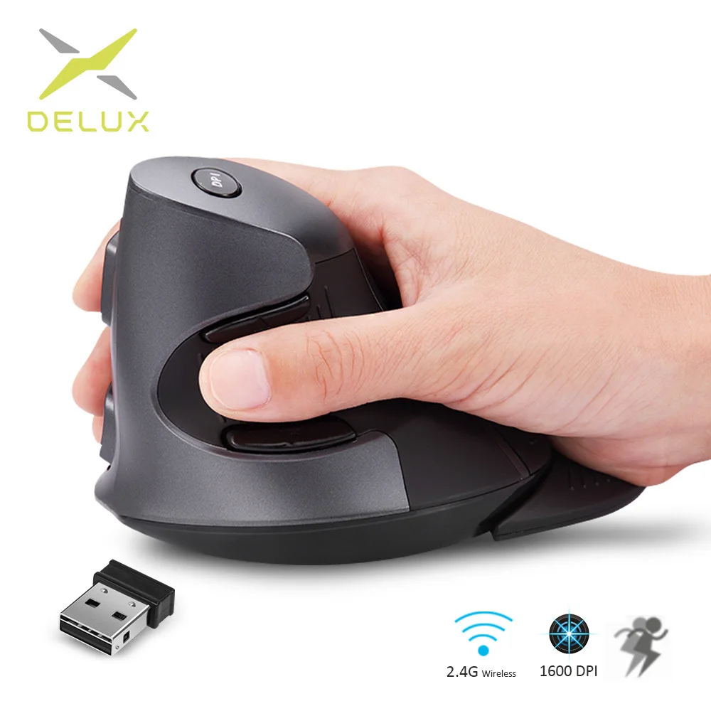 Эргономичная Вертикальная беспроводная мышь Delux M618GX оптическая 1600DPI с 6 кнопками 3