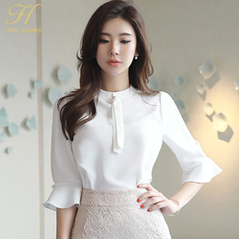 White Blouse H Han queen, новинка, женская шифоновая широкая блузка с расклешенным рукавом и высокой талией, кружевная облегающая юбка-карандаш, 2 предмета, OL, Рабочий комплект - Цвет: White Blouse