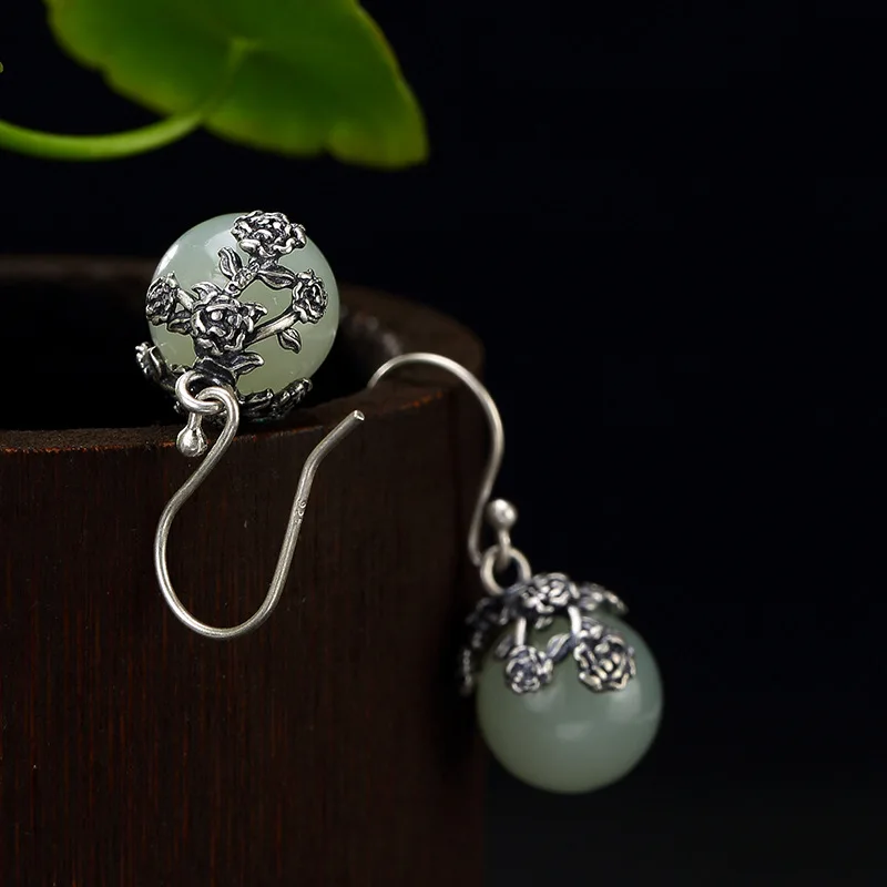2018 Promotion Time-limited Brinco S925 Pure Antique Inlaid Natural Hetian Jade Bead Lady High-end Earrings Wholesale | Украшения и