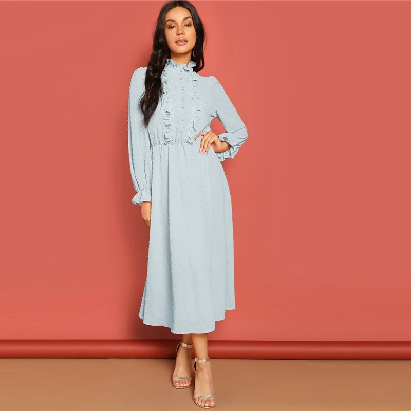 SHEIN Платье С Кружевом И Складкой Женское Голубое Весеннее Элегантное Платье С Длинными Рукавами И Пуговицами