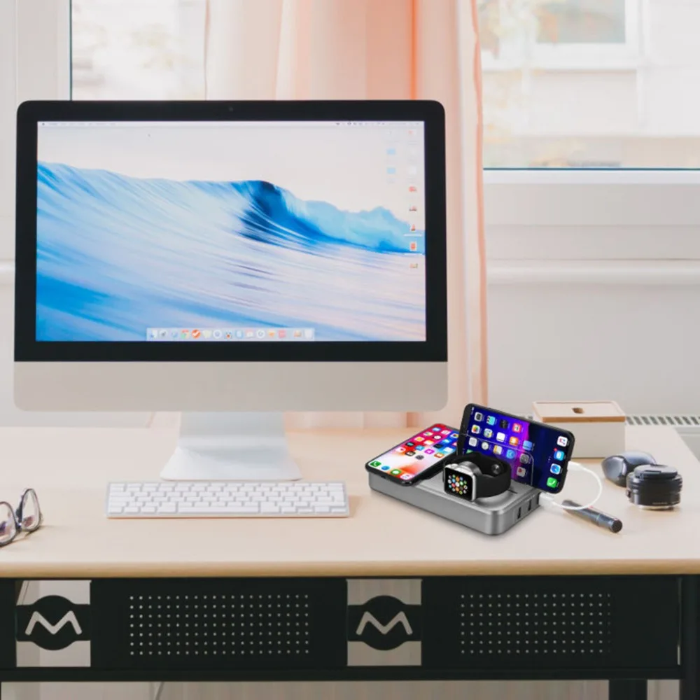 Desktop с несколькими usb-портами Зарядное устройство беспроводной зарядный блок 10 W Qi Quick Charge 3,0 Fast Зарядное устройство Apple Watch Зарядное устройство Подставка Dock