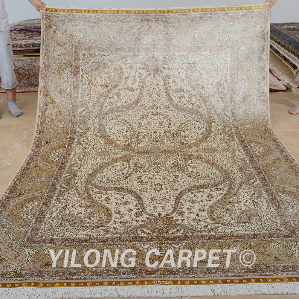 

Yilong 6'x9' Vantage beige traditional handmade bedroom carpet qom persian silk rug (0277)