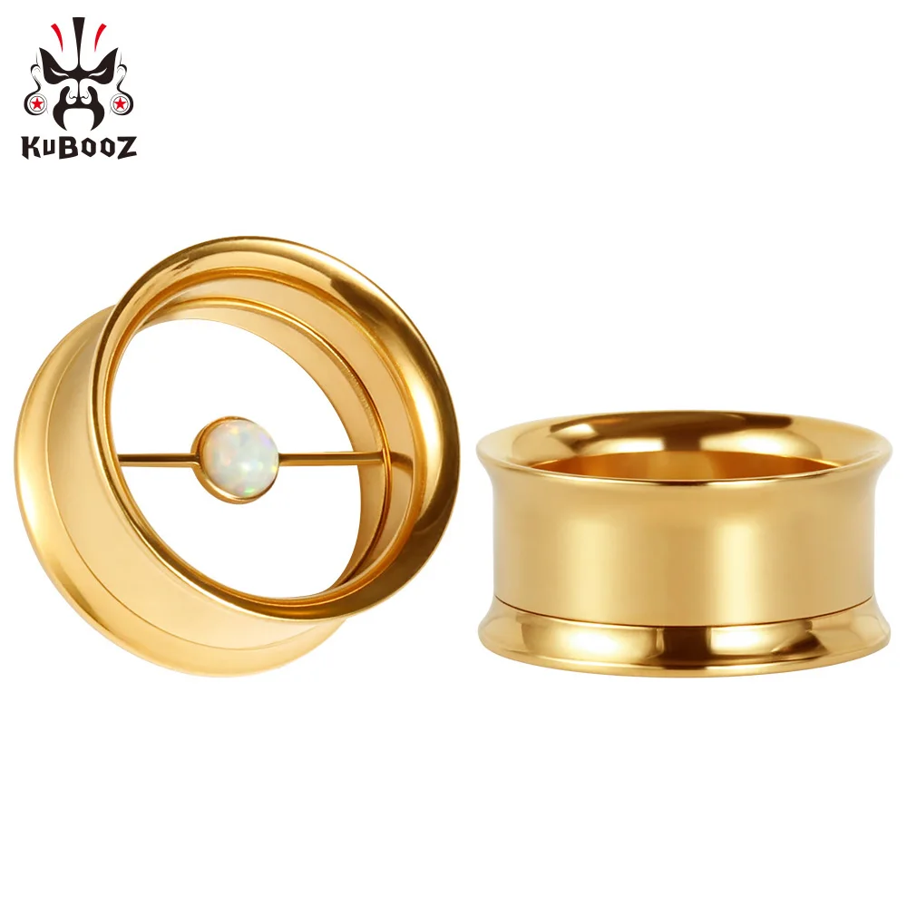 gold KUBOOZ пирсинг для ушей из нержавеющей стали ювелирные изделия для тела Опал двойные расклешенные пробки туннели носилки серьги измерительные приборы шпильки расширитель 2 шт - Окраска металла: gold