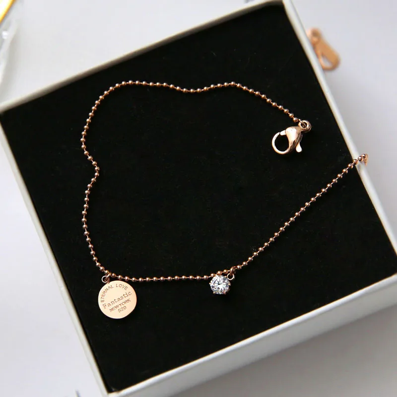 

YUN RUO Zircon Letters Carved Anklet Fashion Rose Gold Color Chic Style Woman Gift Titanium Steel Jewelry Top Quality Never Fade