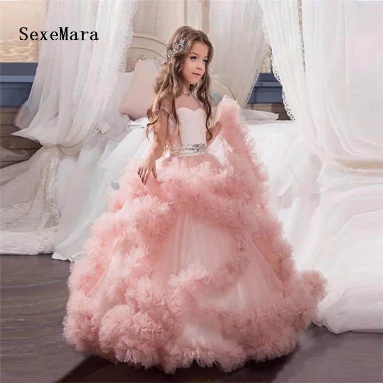 blush pink Новые Розовые Платья с цветочным узором для девочек на свадьбу, бальное платье, украшенное бусинами на талии, Детские Пышные Платья для особых случаев, на заказ - Цвет: blush pink