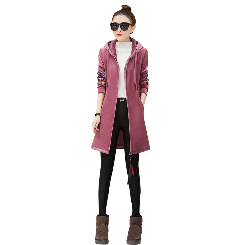 

Женское длинное пальто 2019, куртка на раннюю весну и осень, новый золотой бархатный женский свободный кардиган с капюшоном, однотонный топ Q53