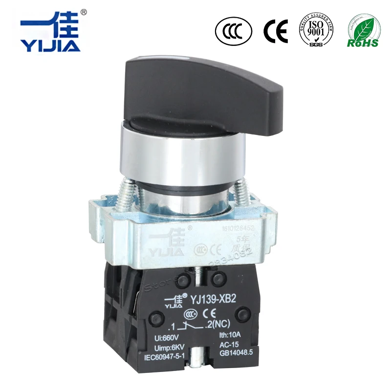 Селекторный переключатель на кнопке с длинной ручкой, самозащелкивающийся, с серебряными контактами, 22 мм, с позициями ON/OFF, 1NO1NC, 2 положения, артикул XB2-11XB/21.