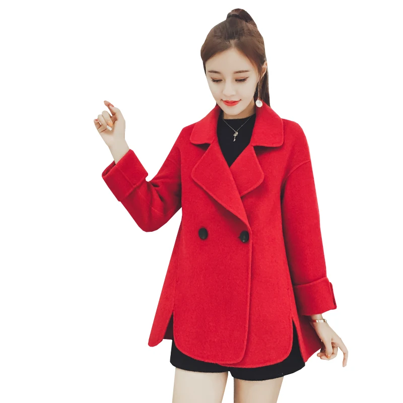 2021 Korean Retro Women's Clothes Suit Collar Woolen Coat New Fashion Slim Loose Solid Woolen Coat Temperament Button Blends