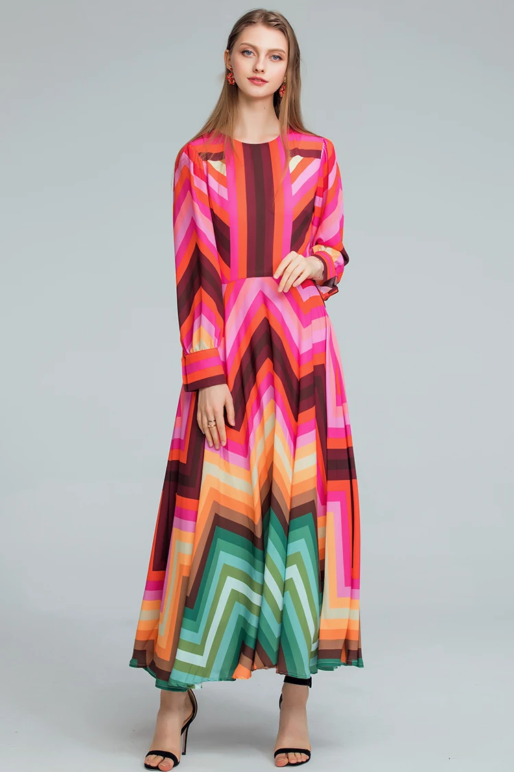 AELESEEN Boho платья Модное Новое подиумное Элегантное летнее длинное платье с длинным рукавом и геометрическим принтом контрастных цветов радуги