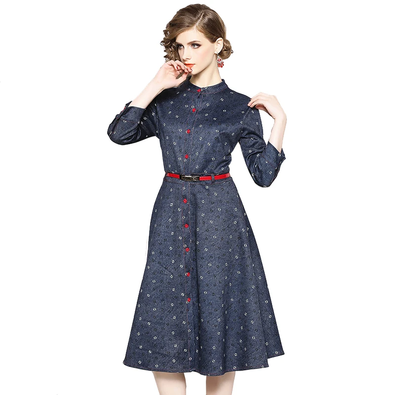 Trytree летнее осеннее платье джинсовое повседневное ТРАПЕЦИЕВИДНОЕ женское темно