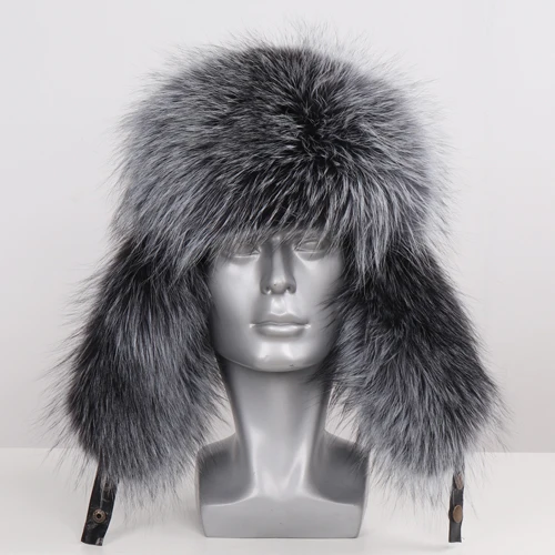 Silver fox Горячая Распродажа, зимняя мужская шапка из натурального меха лисы, шапка из натуральной кожи, Повседневная теплая мягкая шапка из натурального меха лисы, шапка-бомбер s - Цвет: Silver fox