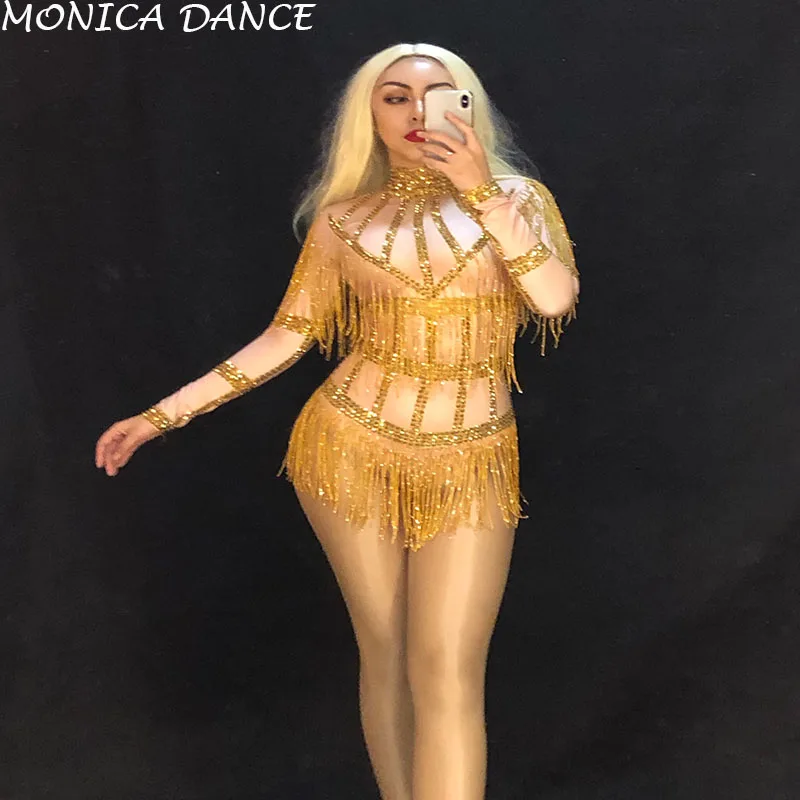 Women Sexy Stage Bodysuit Gold Tassel Sparkling Crystals Jumpsuit Nightclub Birthday Party Wear Singer Dance Costumes