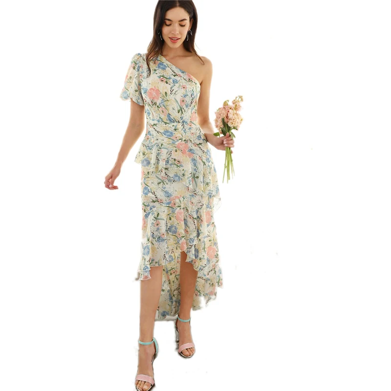 SHEIN Асимметричное Платье С Оборкой И Цветочным Принтом Гламурное Асимметричное Платье С Рюшами Цветочные Платья С Одним Плечом