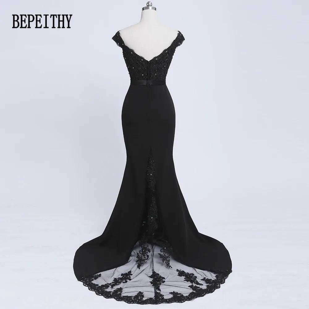 BEPEITHY Vestido Longo Новое поступление Черное длинное платье для выпускного вечера с аппликацией из бисера Русалка с открытыми плечами створки вечерние платья