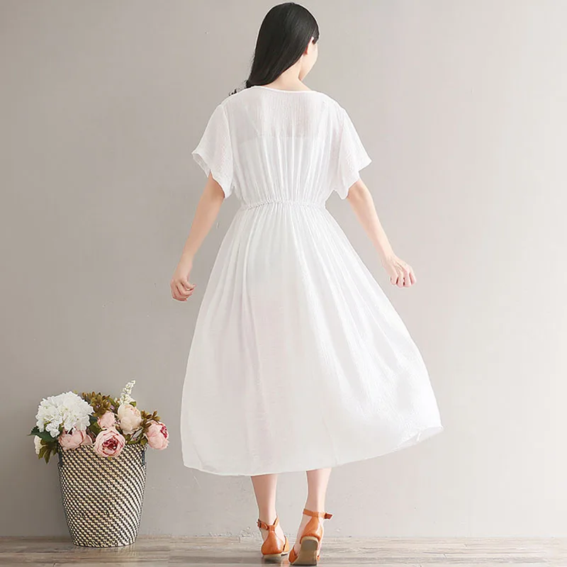 

2018 New Autumn Spring Women's Vintage Long Dress Women's Maternity Cotton and Linen Short Sleeve Dress Hem Plus Size Robe Femme