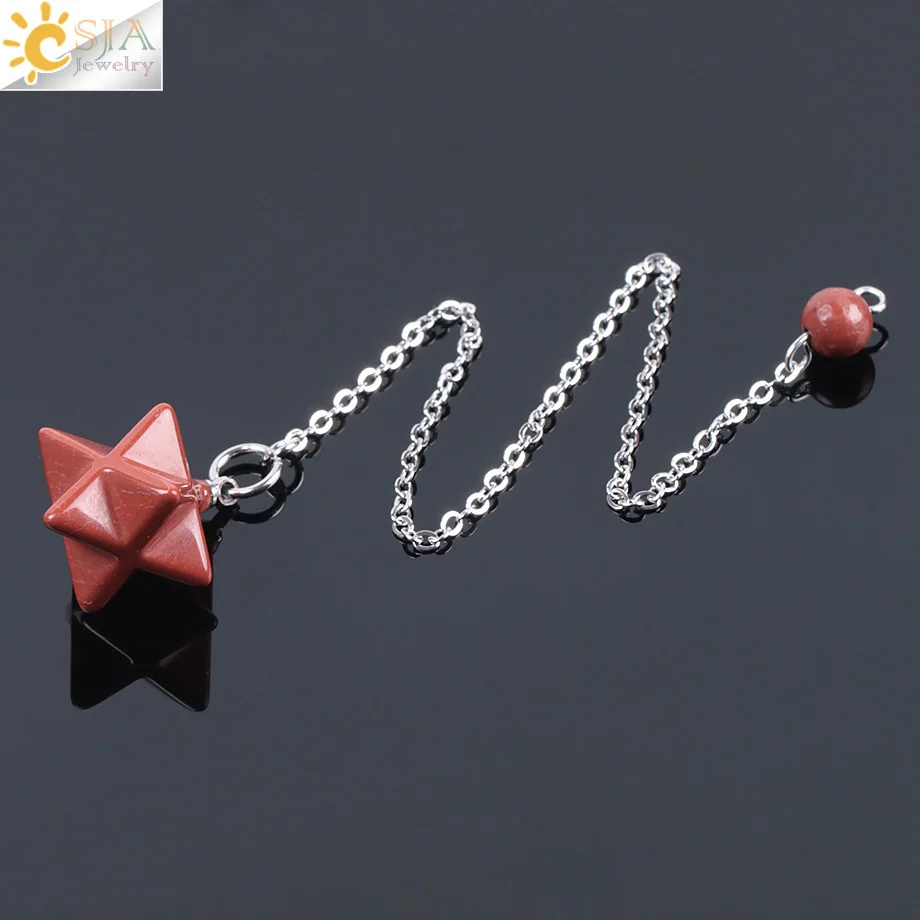 Red Jasper CSJA натуральный драгоценный камень Merkabah маятники для придавая гадания Wicca чакра рейки розовый кристалл лазурит оникс кулон F055 - Окраска металла: Red Jasper