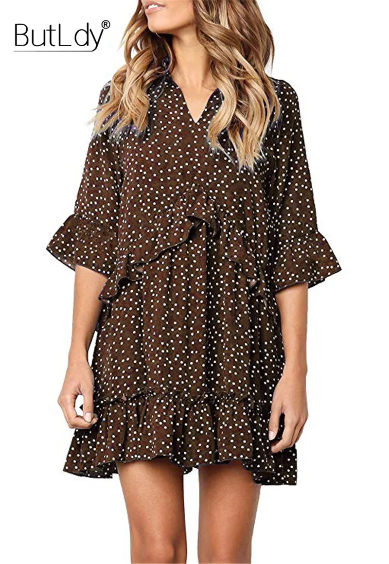 Женское Короткое платье в горошек повседневное винтажное с рукавом-бабочкой и