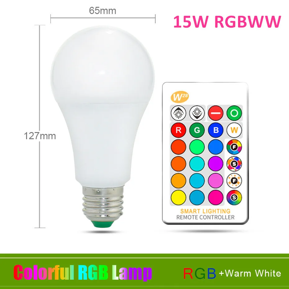 15W RGBWW Цветная(Rgb) Светодиодная лампа E27 5 W 10 W 15 W светодиодный ночник с 24 кнопок пульта дистанционного управления, Управление затемнения красочный красный-зеленый-синий светодиод ламповое дежурное освещение вечерние лампы диско - Испускаемый цвет: 15W RGBWW