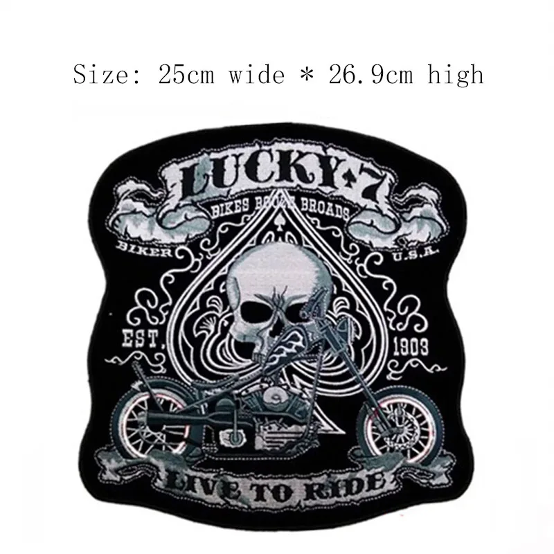 Бесплатная доставка нашивка с вышивкой в виде черепа LUCKY 7 LIVE TO RIDE Ширина 25 см