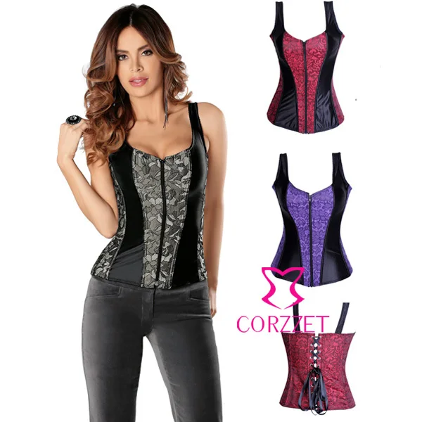 Черный и красный готический корсет с цветочным узором Бюстье на молнии | Женская