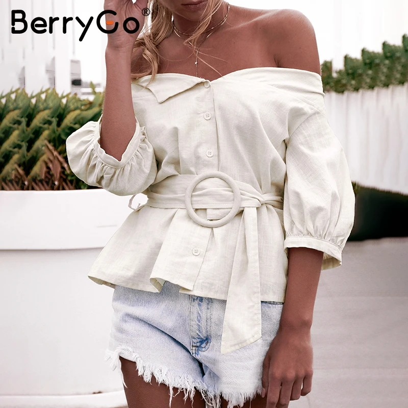 BerrygGo, женская блузка с открытыми плечами, рубашка, пуговицы для блузки, летняя, рукав-фонарик, с поясом, блузка, женская, повседневная, винтажная, топы, новинка