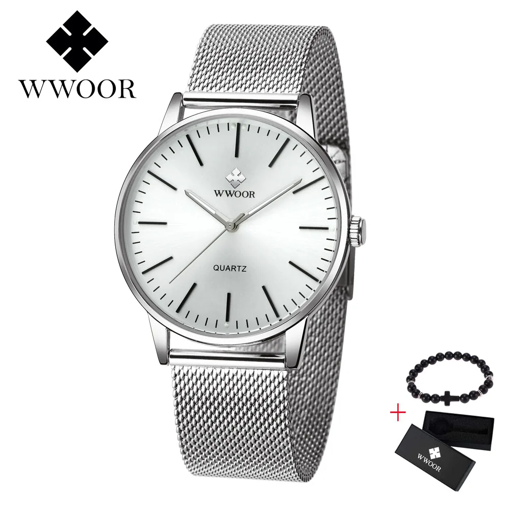 Silver white WWOOR Топ Бренд роскошные мужские s часы для мужчин бизнес Кварцевые ультратонкие часы с циферблатом для мужчин спортивные водонепроницаемые золотые часы Relogio Masculino - Цвет: Silver white