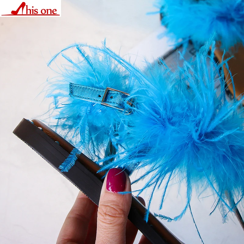 Женские пляжные сандалии с мехом шлепанцы натуральным перьем искусственная кожа